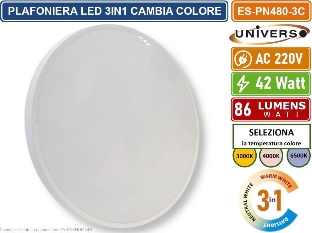 UNIVERSO ES-PN480-3C PLAFONIERA LED CIRCOLARE 42W SMD COLORE LUCE SELEZIONABILE 3IN1 DA ESTERNO IP44 - 2