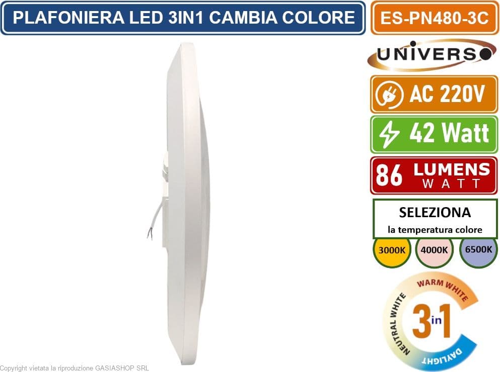 UNIVERSO ES-PN480-3C PLAFONIERA LED CIRCOLARE 42W SMD COLORE LUCE SELEZIONABILE 3IN1 DA ESTERNO IP44 - 3