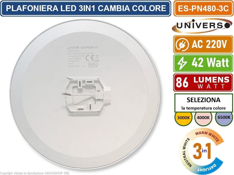 UNIVERSO ES-PN480-3C PLAFONIERA LED CIRCOLARE 42W SMD COLORE LUCE SELEZIONABILE 3IN1 DA ESTERNO IP44 - 4