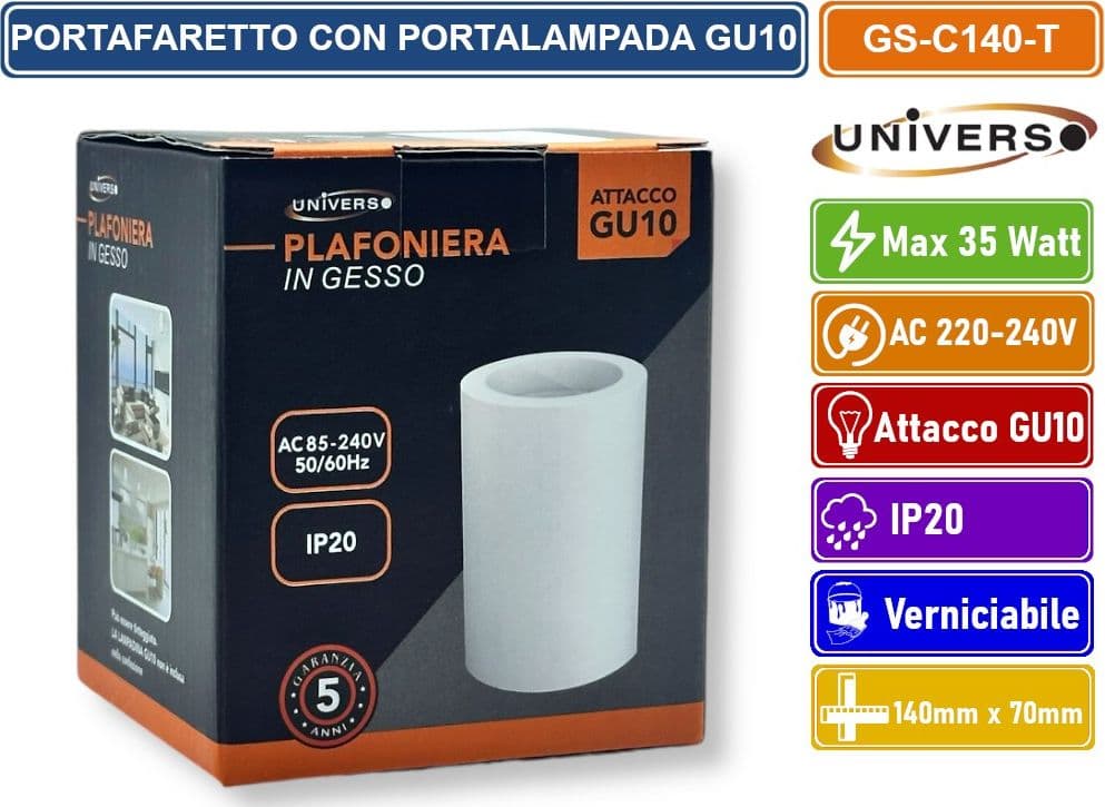 UNIVERSO GS-C140-T PORTAFARETTO ROTONDO IN GESSO VERNICIABILE A MONTAGGIO SUPERFICIALE PER LAMPADINE GU10 e GU5.3 - 5
