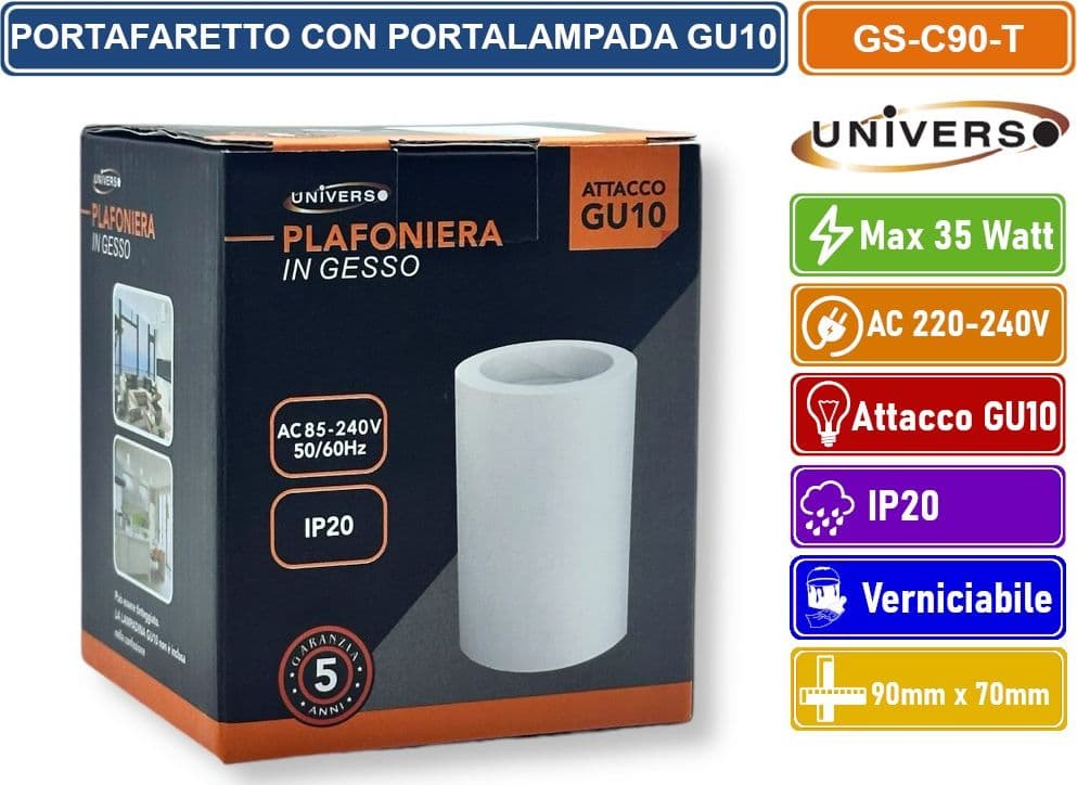 UNIVERSO GS-C90-T PORTAFARETTO ROTONDO IN GESSO VERNICIABILE A MONTAGGIO SUPERFICIALE PER LAMPADINE GU10 e GU5.3 - 4