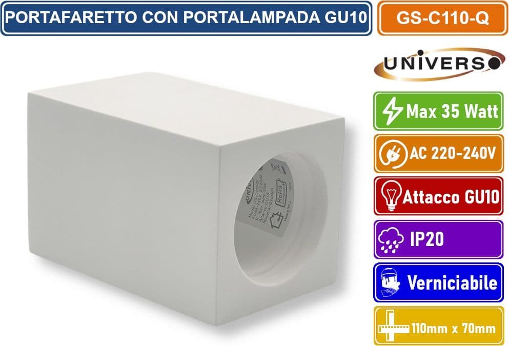 UNIVERSO GS-C110-Q PORTAFARETTO QUADRATE IN GESSO VERNICIABILE A MONTAGGIO SUPERFICIALE PER LAMPADINE GU10 e GU5.3 - 2