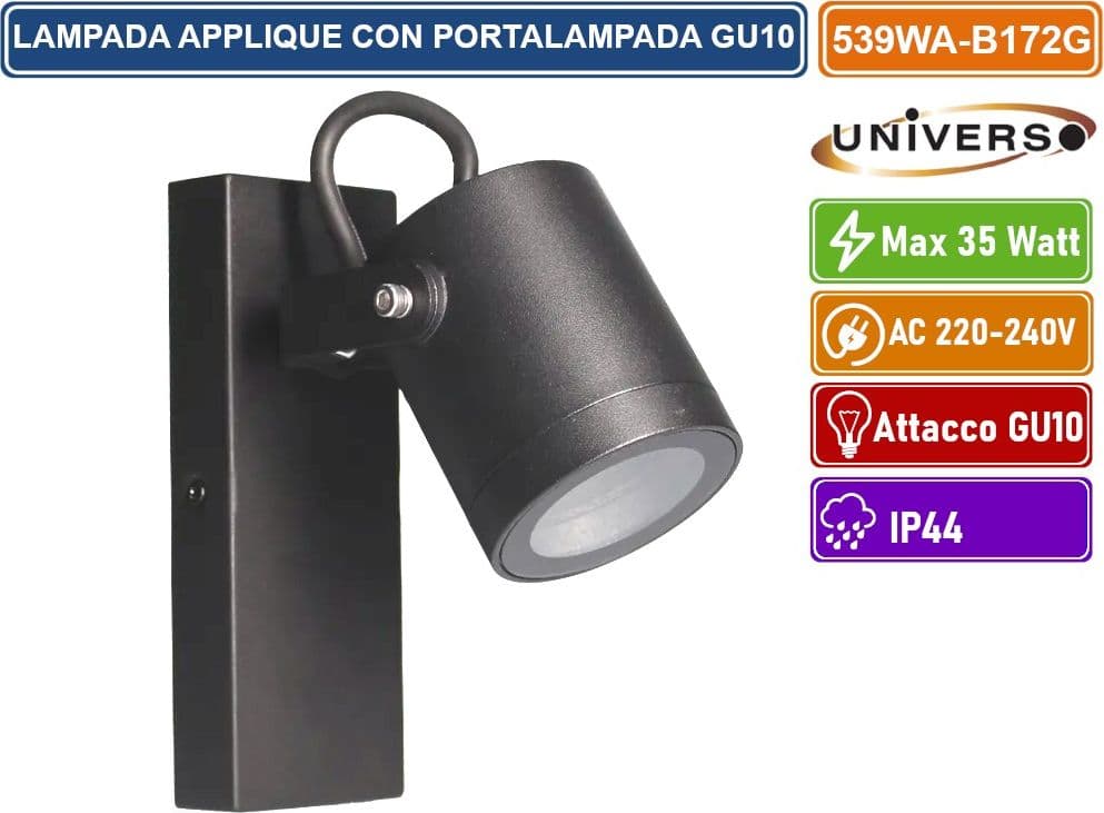 UNIVERSO 539WA-B172G APPLIQUE PORTALAMPADA WALL LIGHT DA MURO PER LAMPADINE GU10 CON TESTA ORIENTABILE - 2