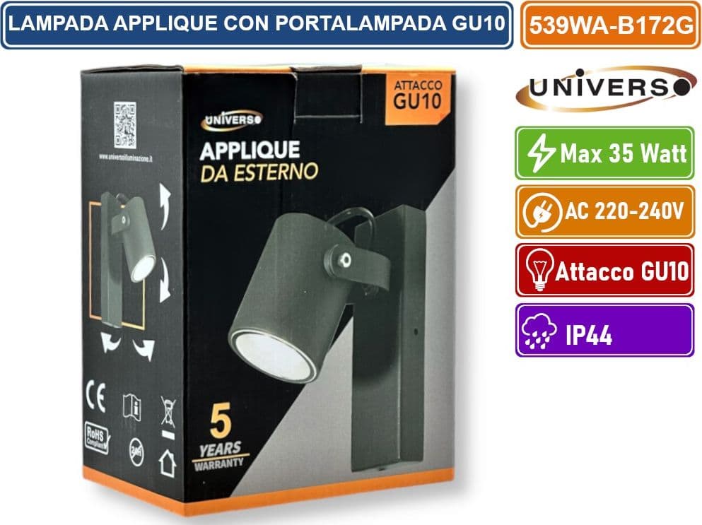 UNIVERSO 539WA-B172G APPLIQUE PORTALAMPADA WALL LIGHT DA MURO PER LAMPADINE GU10 CON TESTA ORIENTABILE - 5