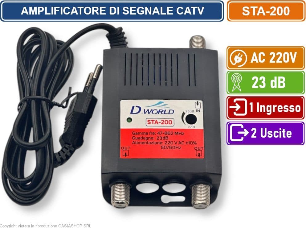 AMPLIFICATORE DI SEGNALE TV DIGITALE TERRESTRE DVB-T2 GUADAGNO  23dB 1 INGRESSO 2 USCITE BANDA DA 47 A 862 MHZ - 2