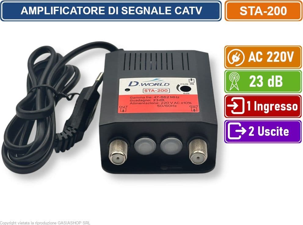 AMPLIFICATORE DI SEGNALE TV DIGITALE TERRESTRE DVB-T2 GUADAGNO  23dB 1 INGRESSO 2 USCITE BANDA DA 47 A 862 MHZ - 3