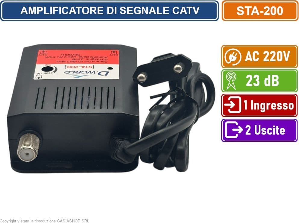 AMPLIFICATORE DI SEGNALE TV DIGITALE TERRESTRE DVB-T2 GUADAGNO  23dB 1 INGRESSO 2 USCITE BANDA DA 47 A 862 MHZ - 4