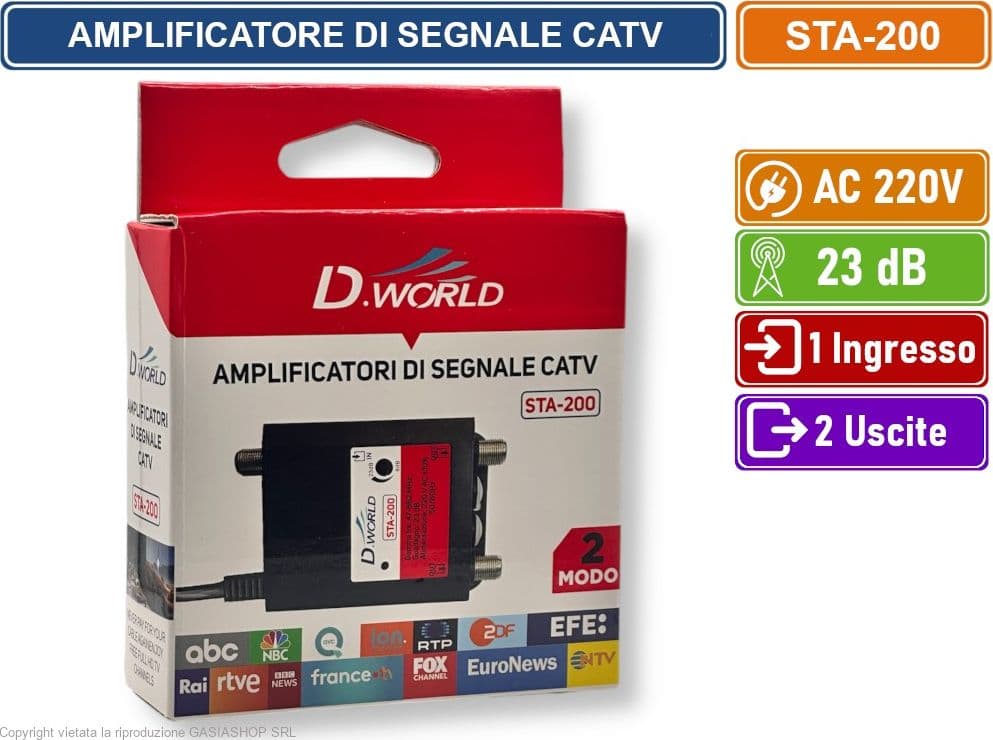 AMPLIFICATORE DI SEGNALE TV DIGITALE TERRESTRE DVB-T2 GUADAGNO  23dB 1 INGRESSO 2 USCITE BANDA DA 47 A 862 MHZ - 5