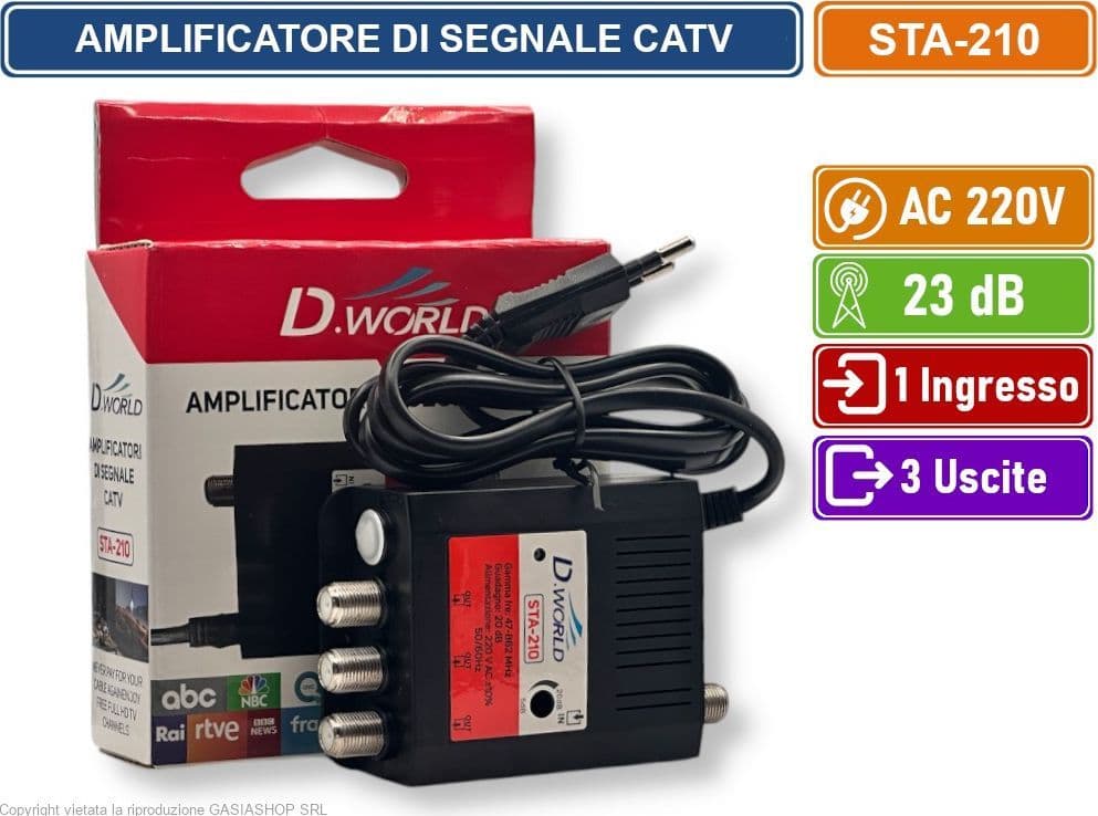 AMPLIFICATORE DI SEGNALE TV GUADAGNO 20dB 1 INGRESSO 3 USCITE BANDA DA 47 A 862 MHZ - 6