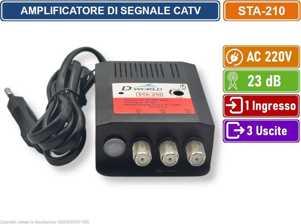 AMPLIFICATORE DI SEGNALE TV GUADAGNO 20dB 1 INGRESSO 3 USCITE BANDA DA 47 A 862 MHZ - 2