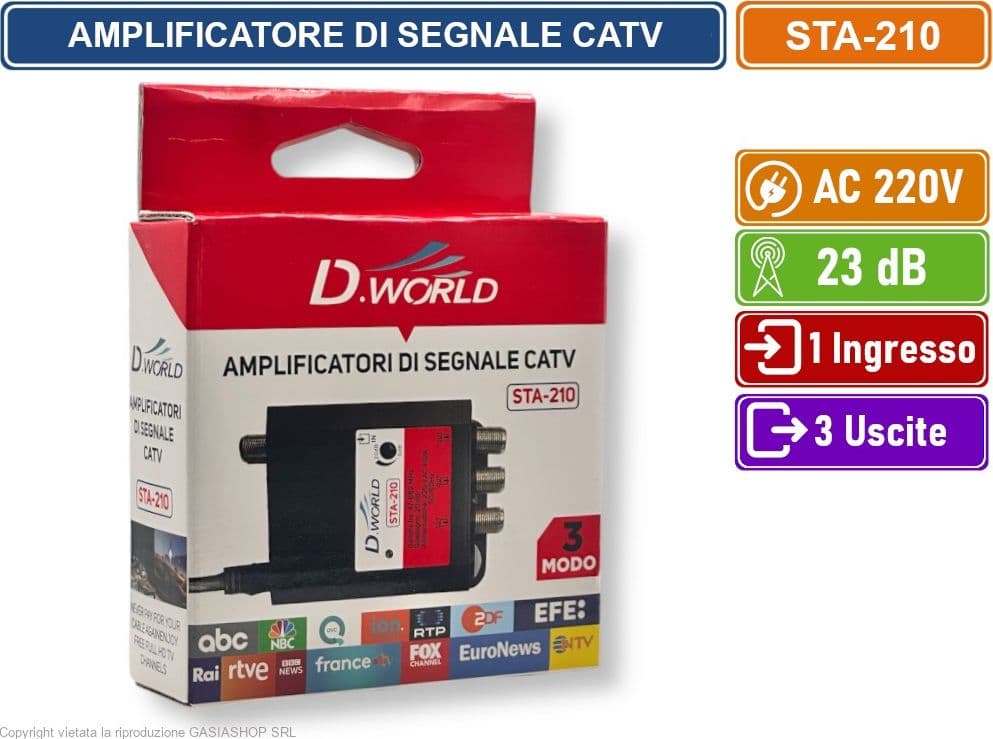AMPLIFICATORE DI SEGNALE TV GUADAGNO 20dB 1 INGRESSO 3 USCITE BANDA DA 47 A 862 MHZ - 5