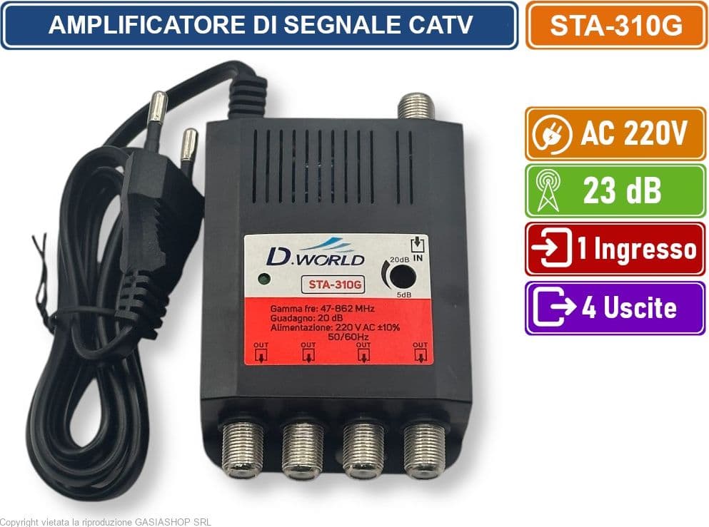 AMPLIFICATORE DI SEGNALE TV GUADAGNO 20dB 1 INGRESSO 4 USCITE BANDA DA 47 A 862 MHZ - 2