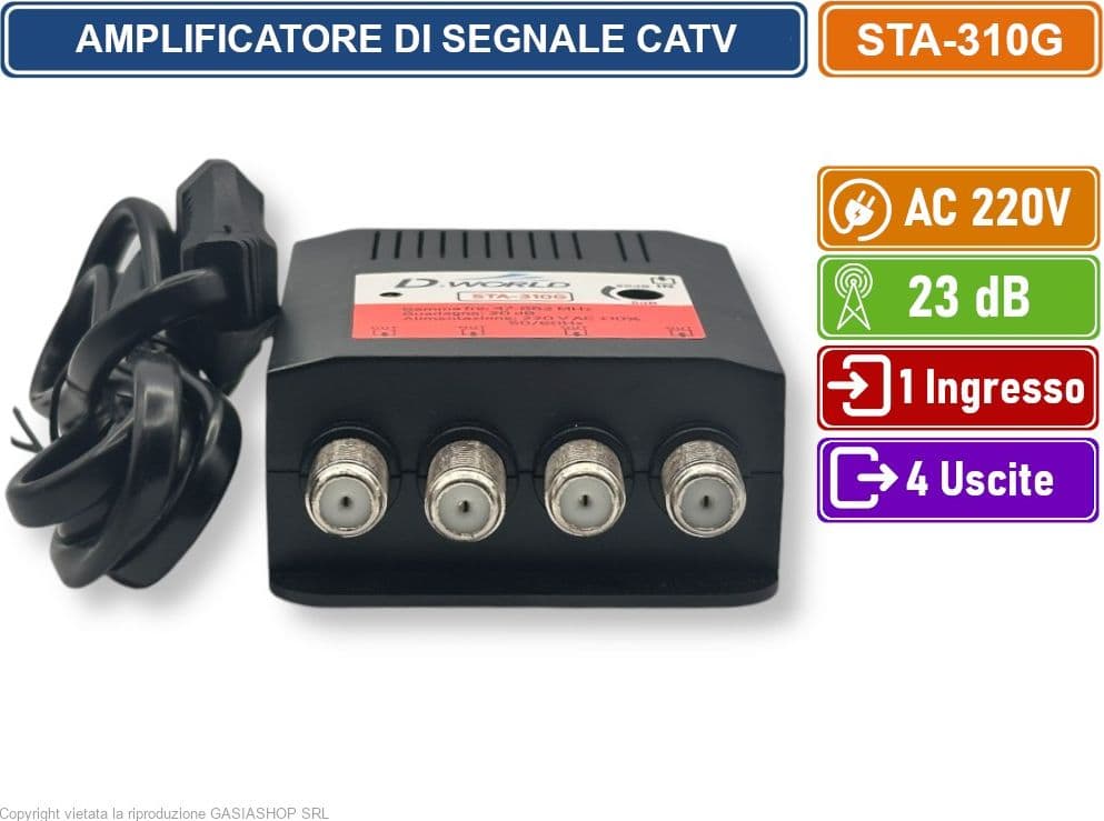 AMPLIFICATORE DI SEGNALE TV GUADAGNO 20dB 1 INGRESSO 4 USCITE BANDA DA 47 A 862 MHZ - 3