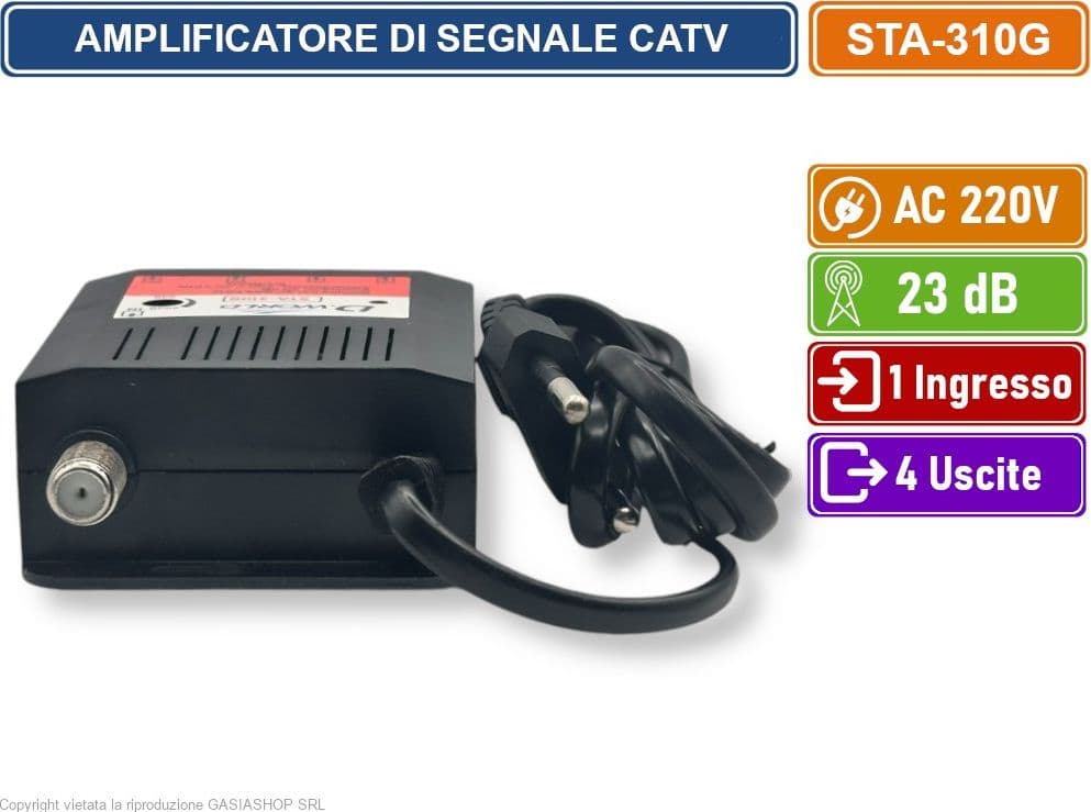 AMPLIFICATORE DI SEGNALE TV GUADAGNO 20dB 1 INGRESSO 4 USCITE BANDA DA 47 A 862 MHZ - 4