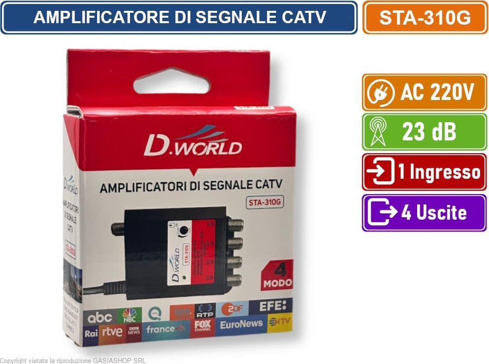 AMPLIFICATORE DI SEGNALE TV GUADAGNO 20dB 1 INGRESSO 4 USCITE BANDA DA 47 A 862 MHZ - 5