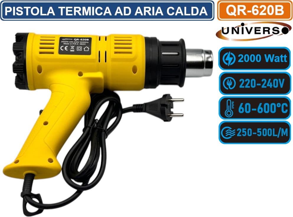UNIVERSO QR-620B PISTOLA TERMICA AD ARIA CALDA 2000 WATT SVERNICIATORE CON DOPPIO SELETTORE TEMPERATURA FLUSSO ARIA - 2