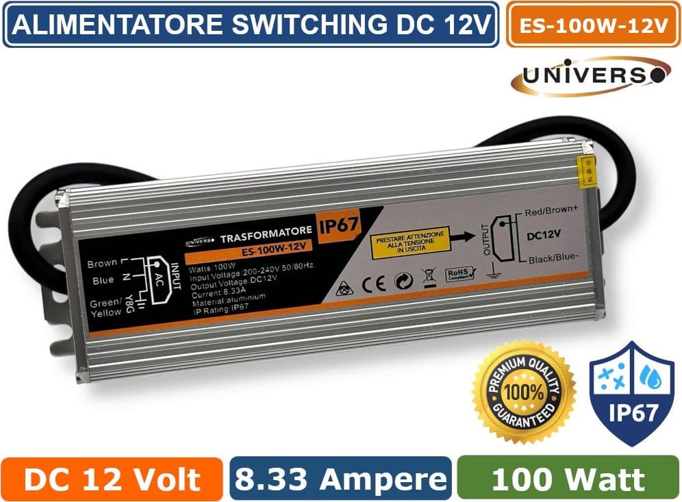 UNIVERSO ES-100W-12V ALIMENTATORE METALLICO STABILIZZATO SWITCHING IMPERMEABILE IP67 220V-12V 8.33A 100 WATT - 2