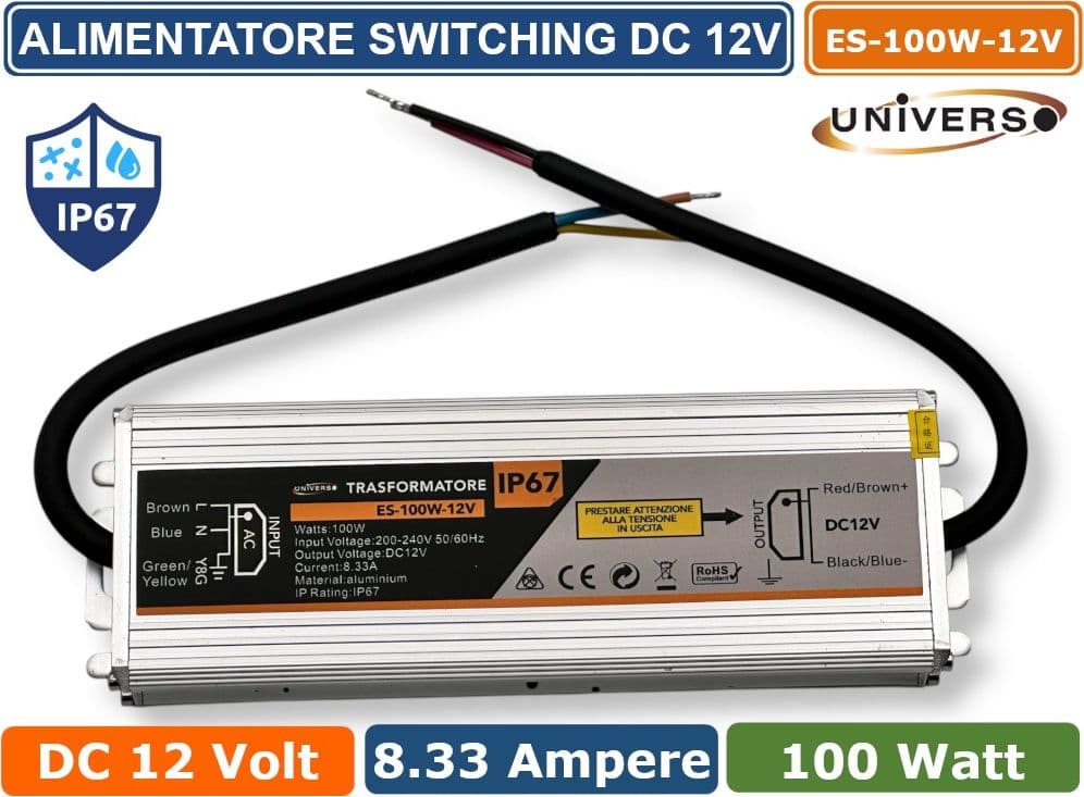 UNIVERSO ES-100W-12V ALIMENTATORE METALLICO STABILIZZATO SWITCHING IMPERMEABILE IP67 220V-12V 8.33A 100 WATT - 3