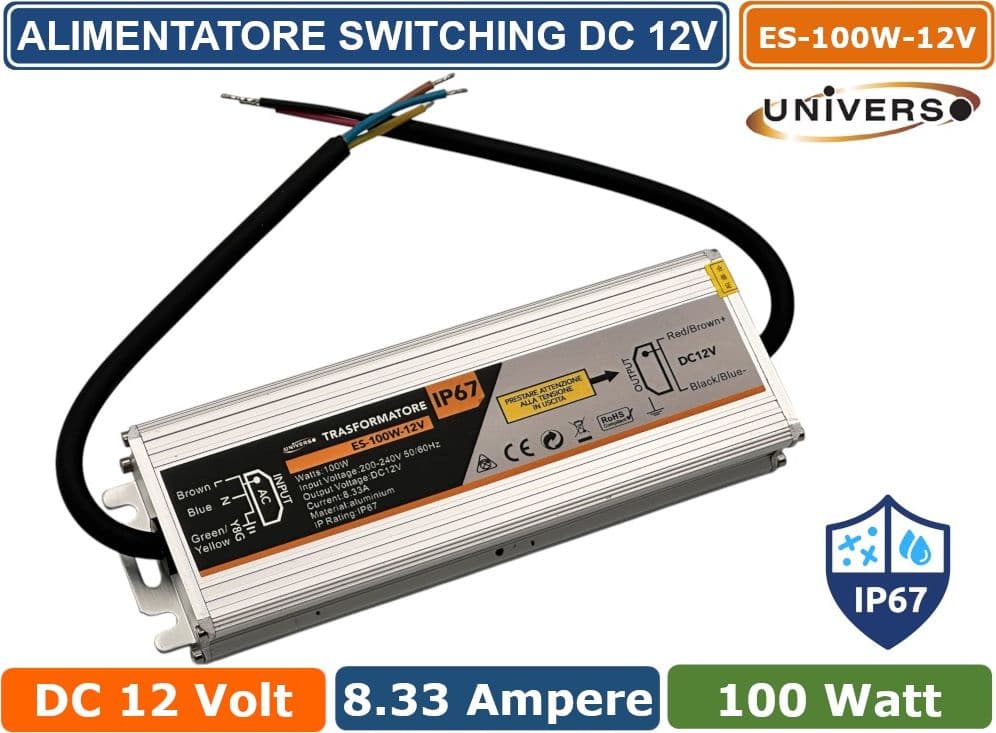 UNIVERSO ES-100W-12V ALIMENTATORE METALLICO STABILIZZATO SWITCHING IMPERMEABILE IP67 220V-12V 8.33A 100 WATT - 4