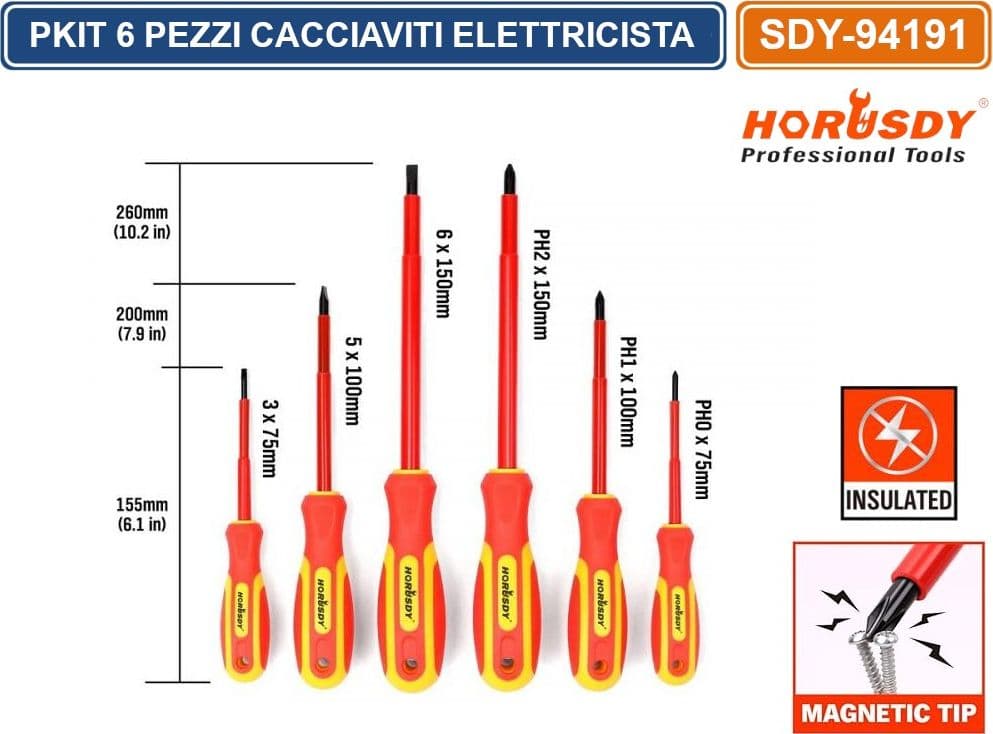 KIT 6 CACCIAVITI ISOLATI 1000V PER ELETTRICISTI CON PUNTA MAGNETICA IMPUGNATURA ERGONOMICA - 4