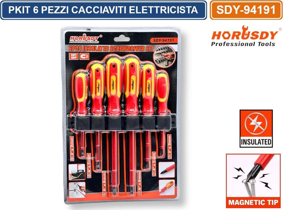 KIT 6 CACCIAVITI ISOLATI 1000V PER ELETTRICISTI CON PUNTA MAGNETICA IMPUGNATURA ERGONOMICA - 5