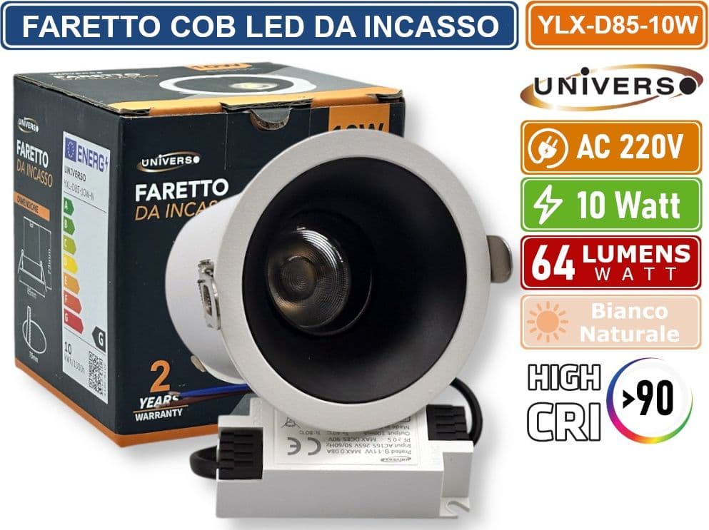 UNIVERSO YLX-D85-10W FARETTO COB LED DA INCASSO ROTONDO ORIENTABILE 10W CRI≥90 COMPATIBILE CON PORTAFARETTI