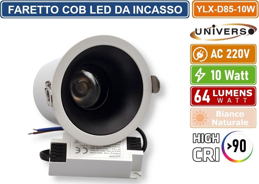 UNIVERSO YLX-D85-10W FARETTO COB LED DA INCASSO ROTONDO ORIENTABILE 10W CRI≥90 COMPATIBILE CON PORTAFARETTI - 2