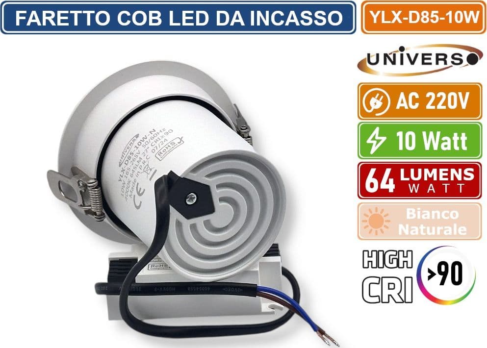 UNIVERSO YLX-D85-10W FARETTO COB LED DA INCASSO ROTONDO ORIENTABILE 10W CRI≥90 COMPATIBILE CON PORTAFARETTI - 3