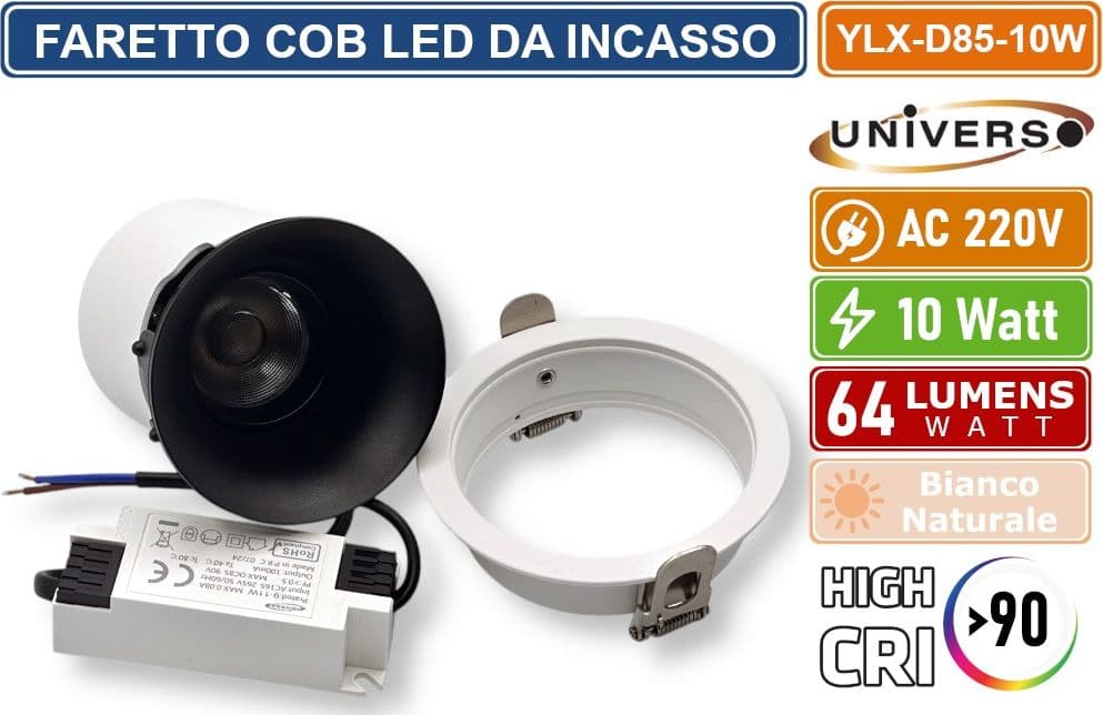 UNIVERSO YLX-D85-10W FARETTO COB LED DA INCASSO ROTONDO ORIENTABILE 10W CRI≥90 COMPATIBILE CON PORTAFARETTI - 4