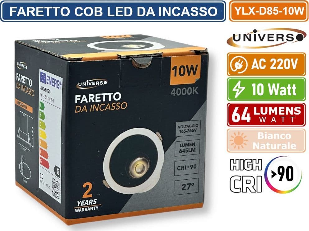 UNIVERSO YLX-D85-10W FARETTO COB LED DA INCASSO ROTONDO ORIENTABILE 10W CRI≥90 COMPATIBILE CON PORTAFARETTI - 5