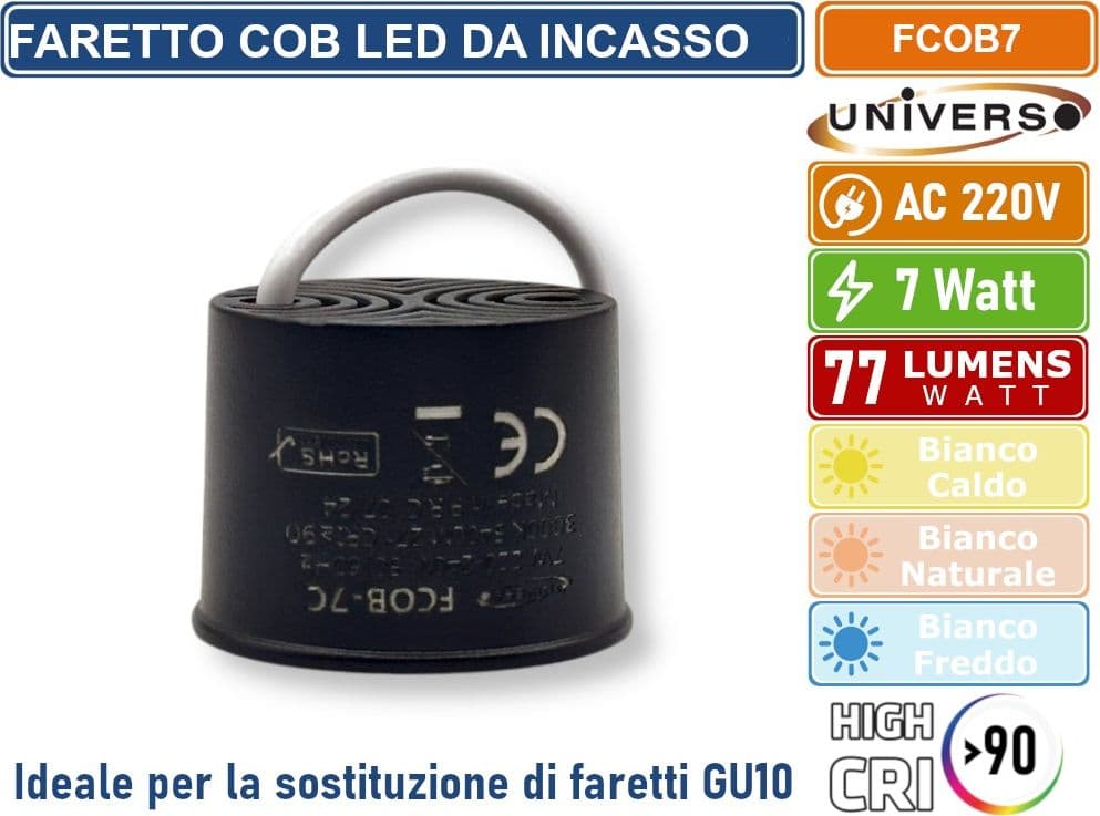 UNIVERSO FCOB-7 FARETTO COB LED SPOT LIGHT 7W CRI≥90 PER LA SOSTITUZIONE DI LAMPADINE GU10 DIAMETRO 50MM - 4