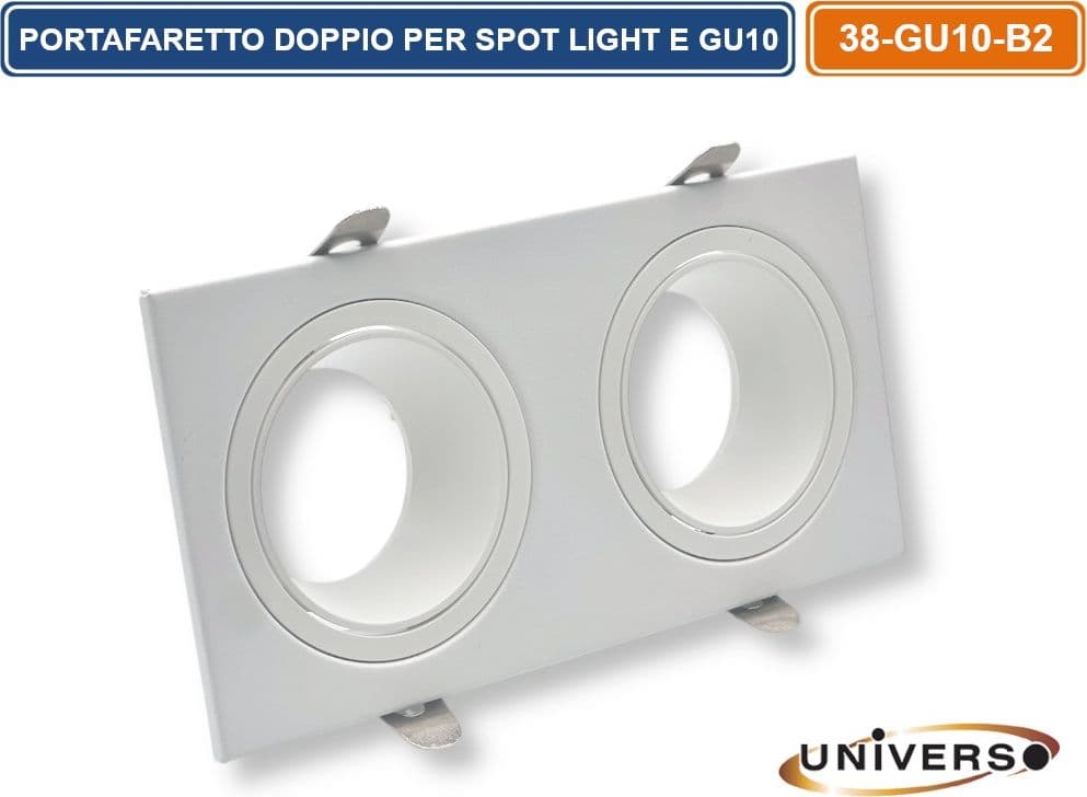 UNIVERSO P38-GU10-B2 PORTAFARETTO DOPPIO RETTANGOLARE IN METALLO ORIENTABILE BIANCO DA INCASSO PER LAMPADINE GU10 GU5.3 - 2