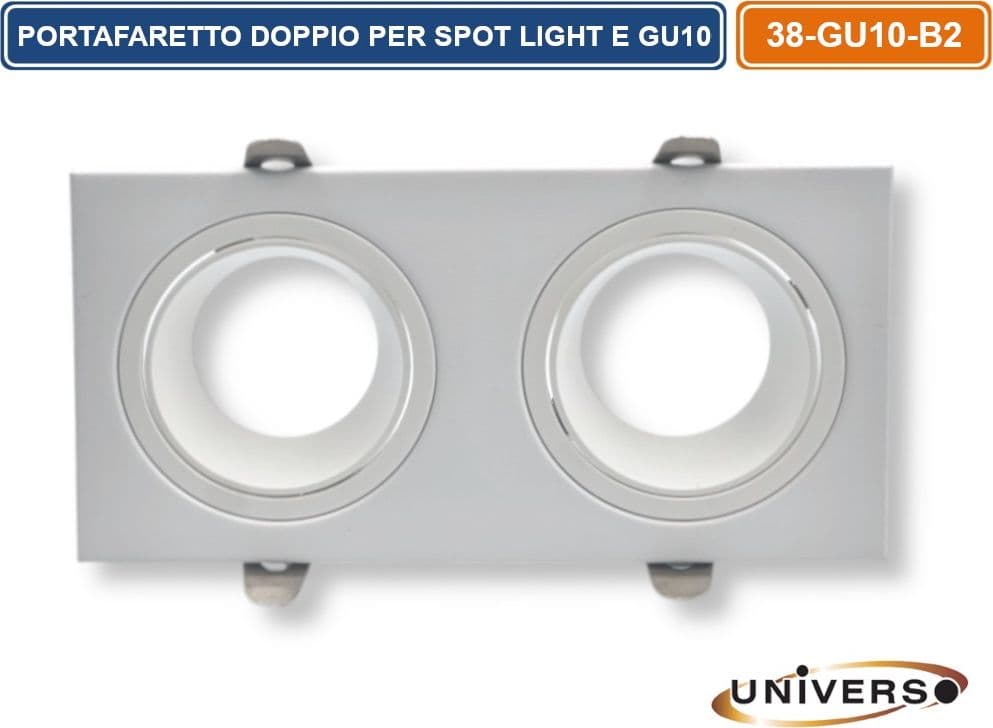 UNIVERSO P38-GU10-B2 PORTAFARETTO DOPPIO RETTANGOLARE IN METALLO ORIENTABILE BIANCO DA INCASSO PER LAMPADINE GU10 GU5.3 - 3