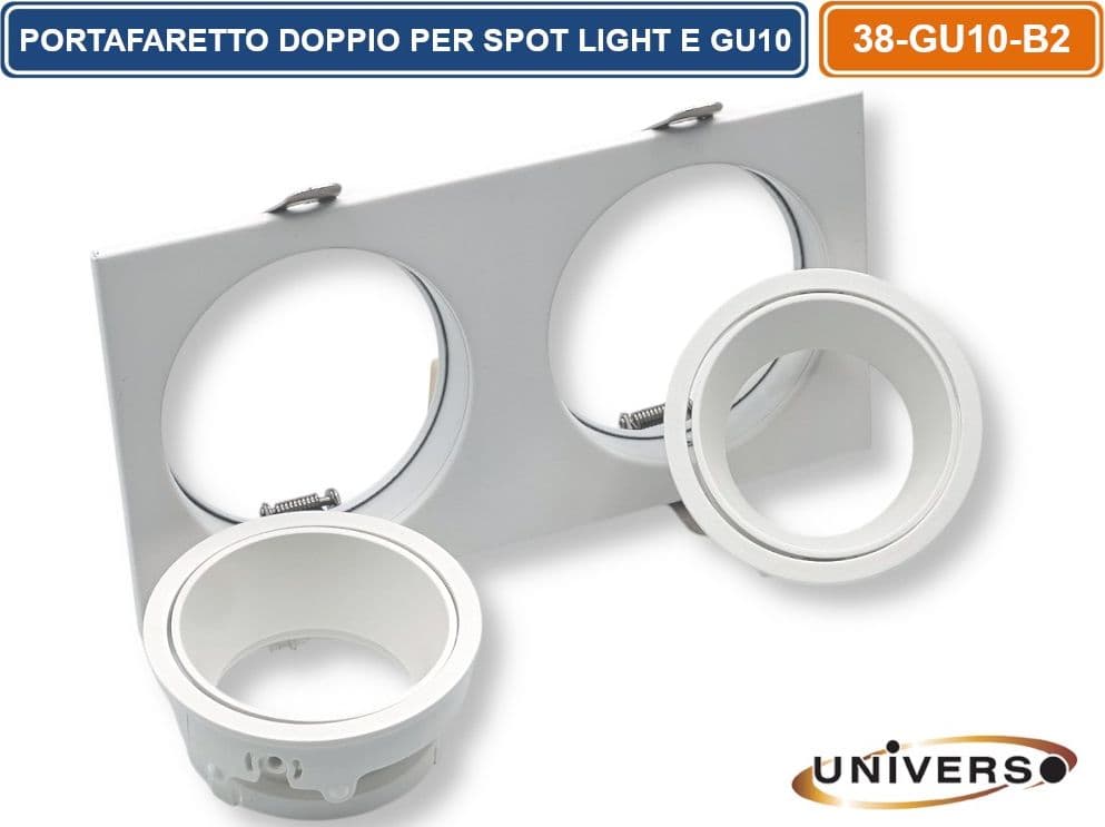 UNIVERSO P38-GU10-B2 PORTAFARETTO DOPPIO RETTANGOLARE IN METALLO ORIENTABILE BIANCO DA INCASSO PER LAMPADINE GU10 GU5.3 - 4