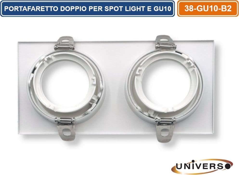 UNIVERSO P38-GU10-B2 PORTAFARETTO DOPPIO RETTANGOLARE IN METALLO ORIENTABILE BIANCO DA INCASSO PER LAMPADINE GU10 GU5.3 - 5
