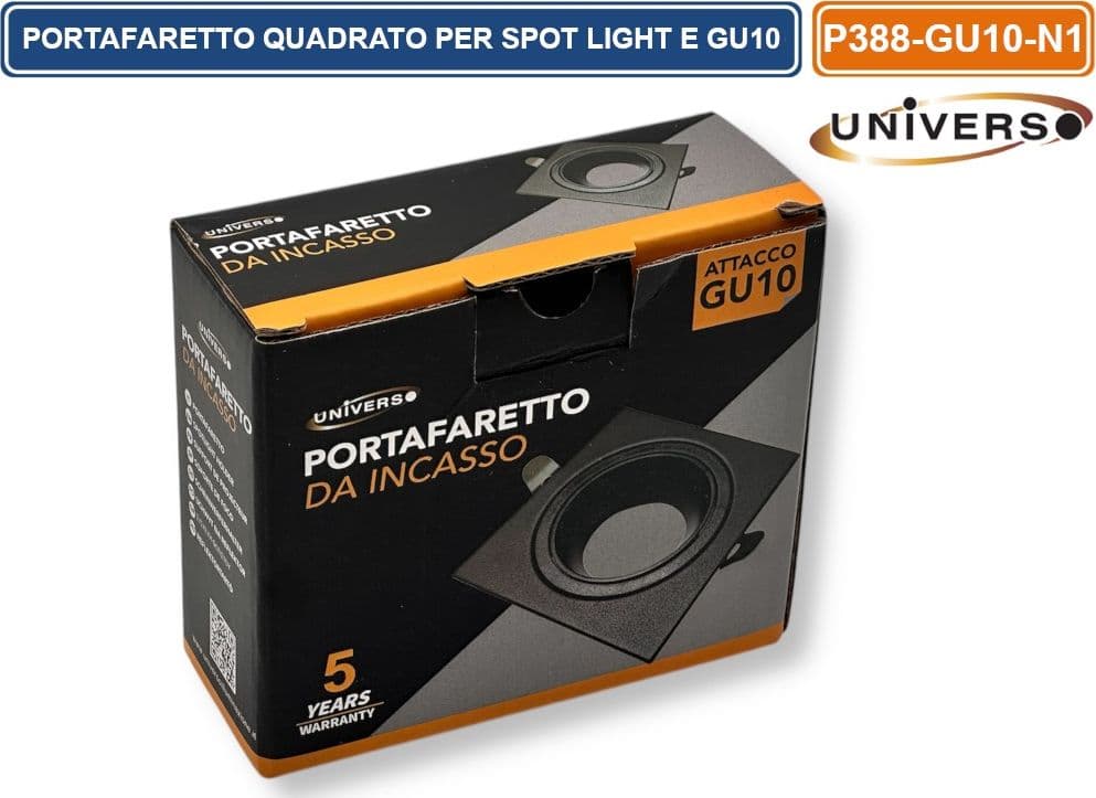 UNIVERSO P38-GU10-N1 PORTAFARETTO IN METALLO ORIENTABILE QUADRATO NERO DA INCASSO PER LAMPADINE GU10 GU5.3 - 5