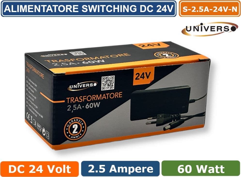 UNIVERSO S-2.5A-24V-N ALIMENTATORE DESKTOP 60W DC 24V 2.5A PLUG & PLAY CON JACK 2.1 - 3
