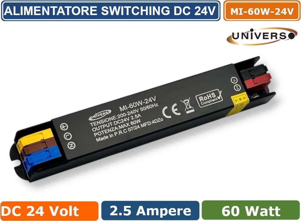 UNIVERSO MI-60W-24V ALIMENTATORE SWITCHING ULTRA SLIM DA ESTERNO IP67 CON POTENZA 60W DC 24V 2.5A - 2