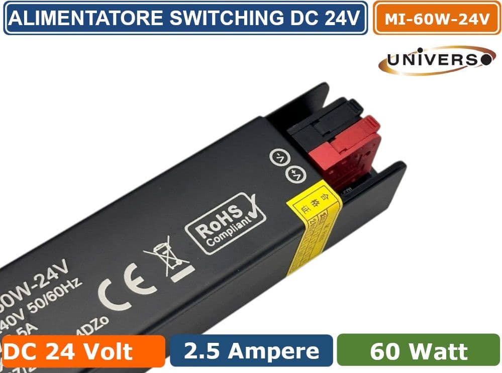 UNIVERSO MI-60W-24V ALIMENTATORE SWITCHING ULTRA SLIM DA ESTERNO IP67 CON POTENZA 60W DC 24V 2.5A - 3