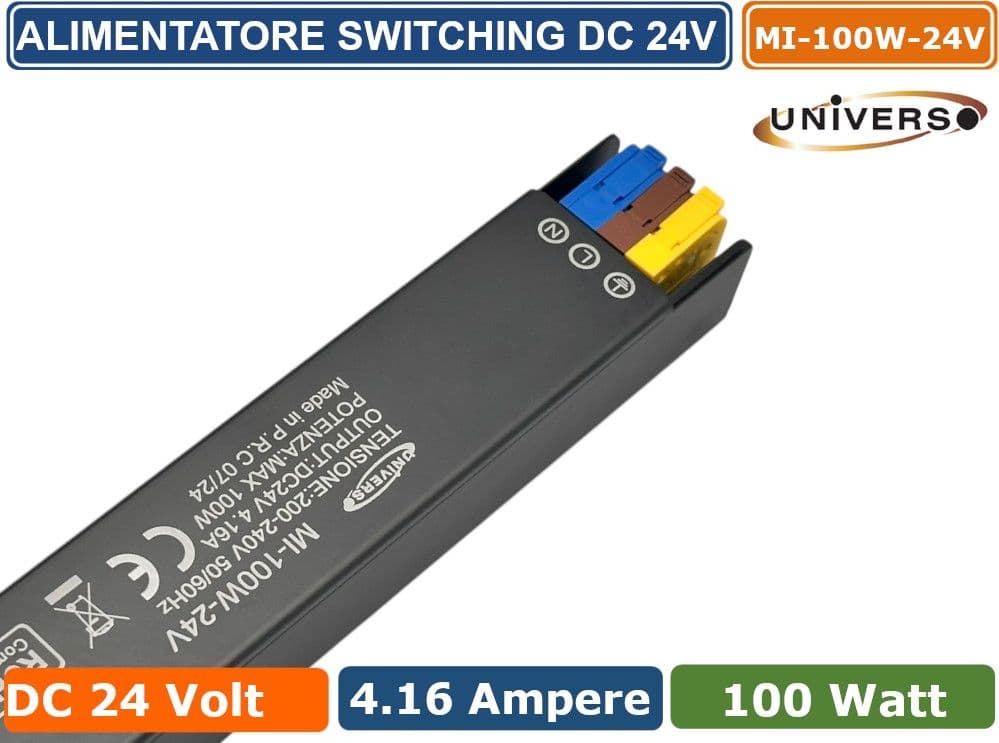 UNIVERSO MI-100W-24V ALIMENTATORE SWITCHING ULTRA SLIM DA ESTERNO IP67 CON POTENZA 100W DC 24V 4.16A - 4