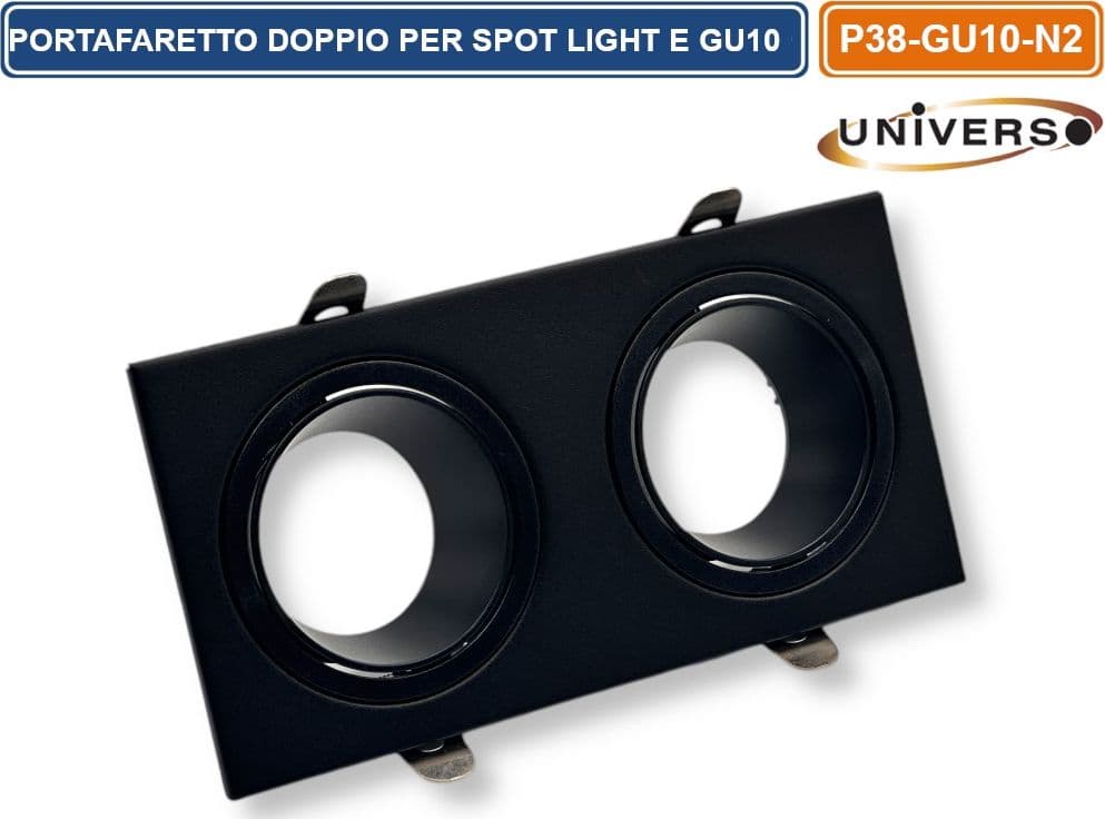 UNIVERSO P38-GU10-N2 PORTAFARETTO DOPPIO RETTANGOLARE IN METALLO ORIENTABILE NERO DA INCASSO PER LAMPADINE GU10 GU5.3 - 2