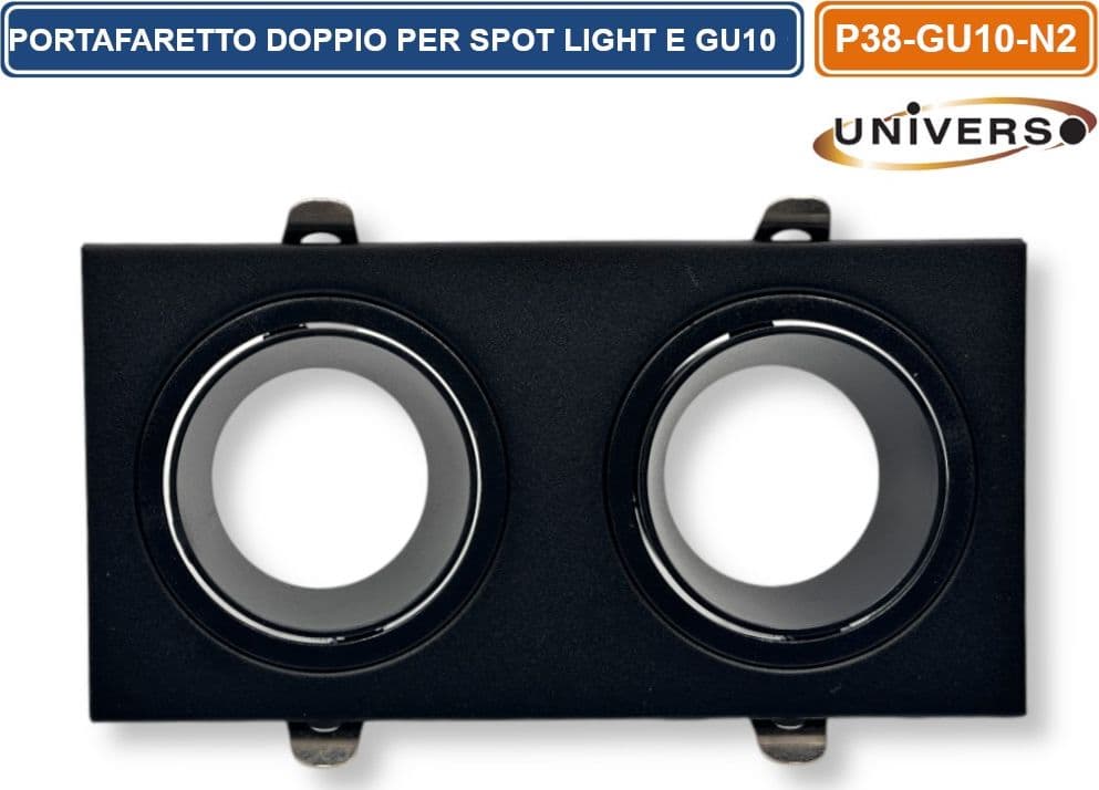 UNIVERSO P38-GU10-N2 PORTAFARETTO DOPPIO RETTANGOLARE IN METALLO ORIENTABILE NERO DA INCASSO PER LAMPADINE GU10 GU5.3 - 3