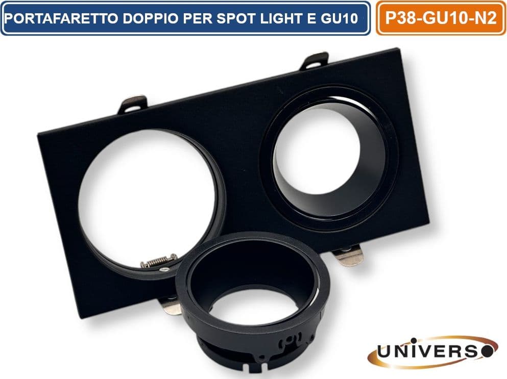 UNIVERSO P38-GU10-N2 PORTAFARETTO DOPPIO RETTANGOLARE IN METALLO ORIENTABILE NERO DA INCASSO PER LAMPADINE GU10 GU5.3 - 4