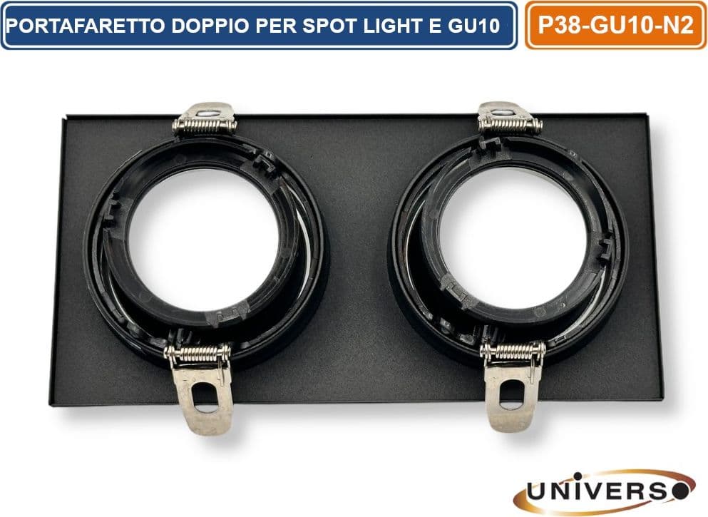 UNIVERSO P38-GU10-N2 PORTAFARETTO DOPPIO RETTANGOLARE IN METALLO ORIENTABILE NERO DA INCASSO PER LAMPADINE GU10 GU5.3 - 5