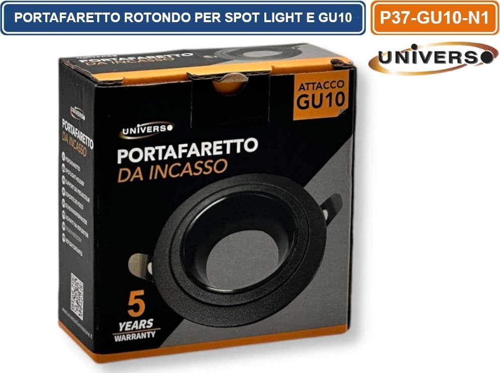 UNIVERSO P37-GU10-N1 PORTAFARETTO IN METALLO ORIENTABILE CIRCOLARE NERO DA INCASSO PER LAMPADINE GU10 GU5.3 - 5