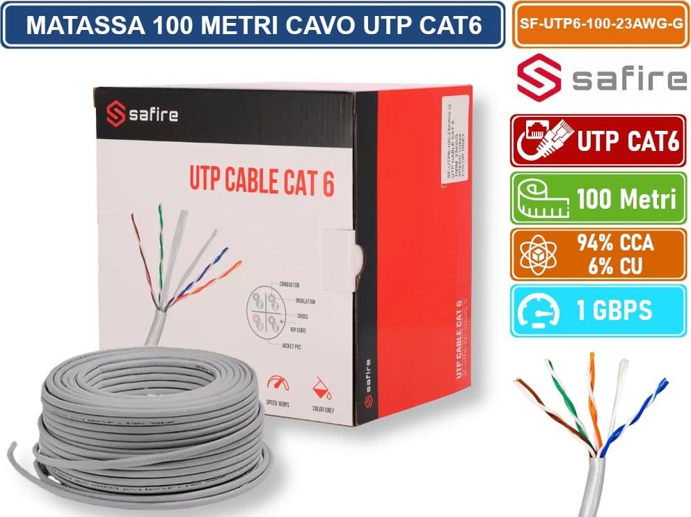 SAFIRE SF-UTP6-100-23AWG-G MATASSA BOBINA CAVO RETE 100 METRI ETHERNET UTP CAT 6 4X2 AWG 23 LAN RJ45 CCA
