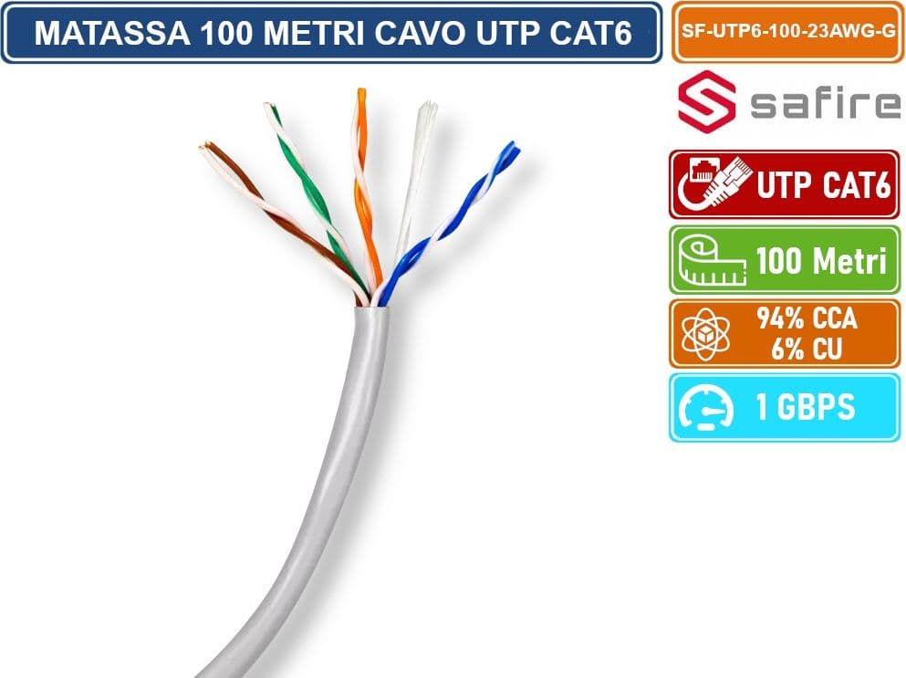 SAFIRE SF-UTP6-100-23AWG-G MATASSA BOBINA CAVO RETE 100 METRI ETHERNET UTP CAT 6 4X2 AWG 23 LAN RJ45 CCA - 2