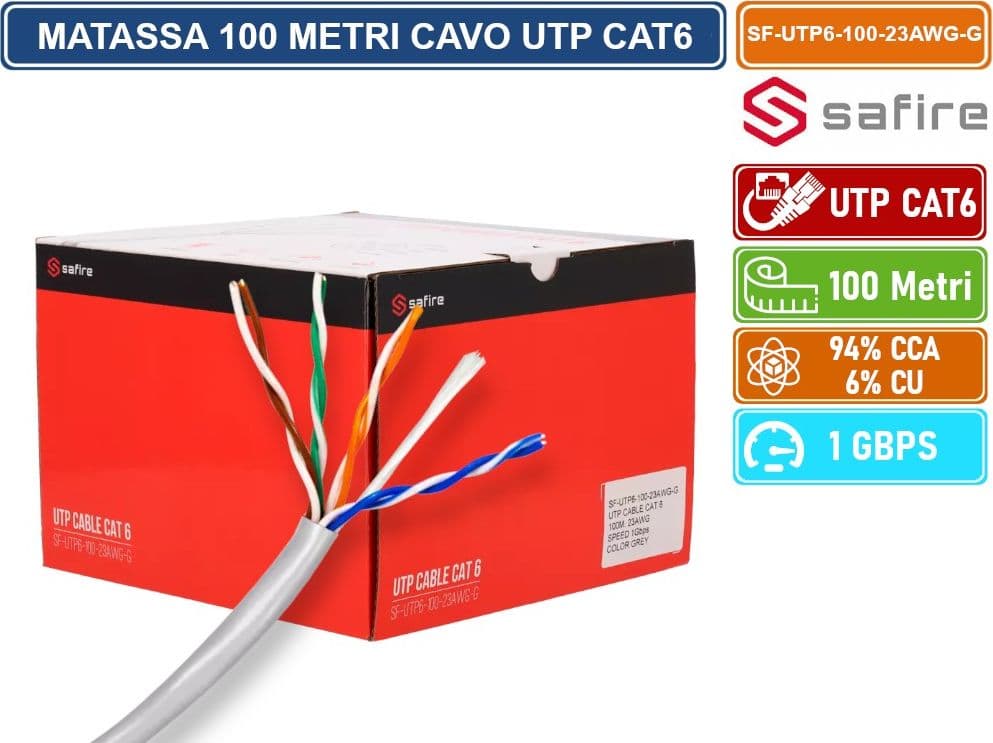 SAFIRE SF-UTP6-100-23AWG-G MATASSA BOBINA CAVO RETE 100 METRI ETHERNET UTP CAT 6 4X2 AWG 23 LAN RJ45 CCA - 3