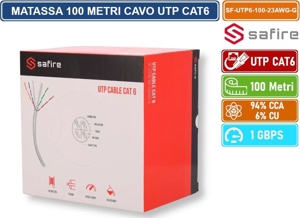 SAFIRE SF-UTP6-100-23AWG-G MATASSA BOBINA CAVO RETE 100 METRI ETHERNET UTP CAT 6 4X2 AWG 23 LAN RJ45 CCA - 4