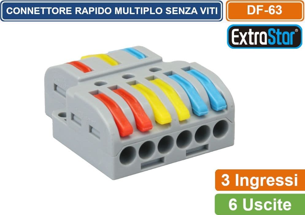 MORSETTO CONNETTORE UNIVERSALE MULTIPLO CONNESSIONE RAPIDA SENZA VITI  3 POLI IN INGRESSO 6 POLI IN USCITA - 2